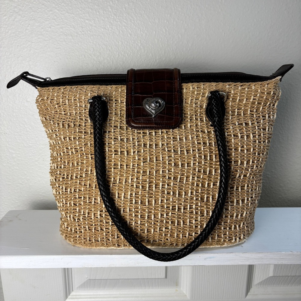 Brighton Straw Tote Bag Brown Croc Leather Trim Raffia Heart Detail Woven Purse